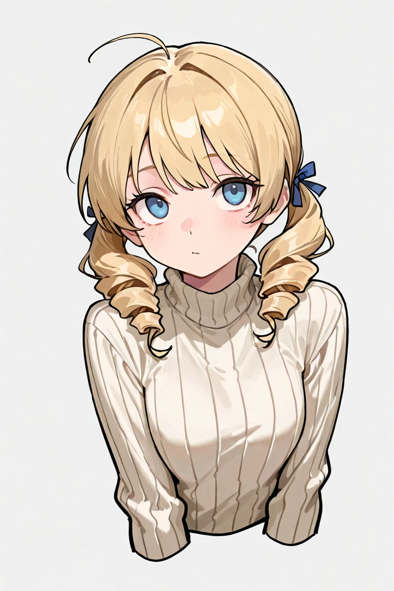 score_9, score_8_up, score_7_up, agnes claudel, 1girl, solo, blonde hair, long hair, blue eyes, pink sweater, large breasts, portrait, smile, blush, looking at viewer, white background