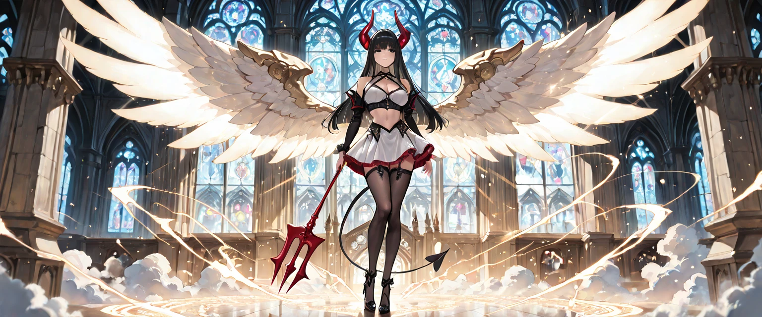 Else Wenz-Vietor, Kazue Kato, Mysterious, bizarre, surreal, fantastical, fantasy, Sci-fi, Japanese anime, miniskirt beautiful girl devil and angel playing chess, perfect voluminous body, detailed masterpiece perspective angles