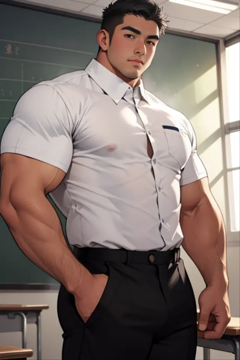 Elderly man, muscular body with gray hair, handsome masculine face, blue eyes, very short white hair in a pompadour, evil smile, wicked expression, huge biceps, huge hairy chest, huge thighs, huge bulge in the groin. He is wearing a black suit with a navy blue tie, black dress pants, black shoes, silver watch on his wrist and is standing inside an office.