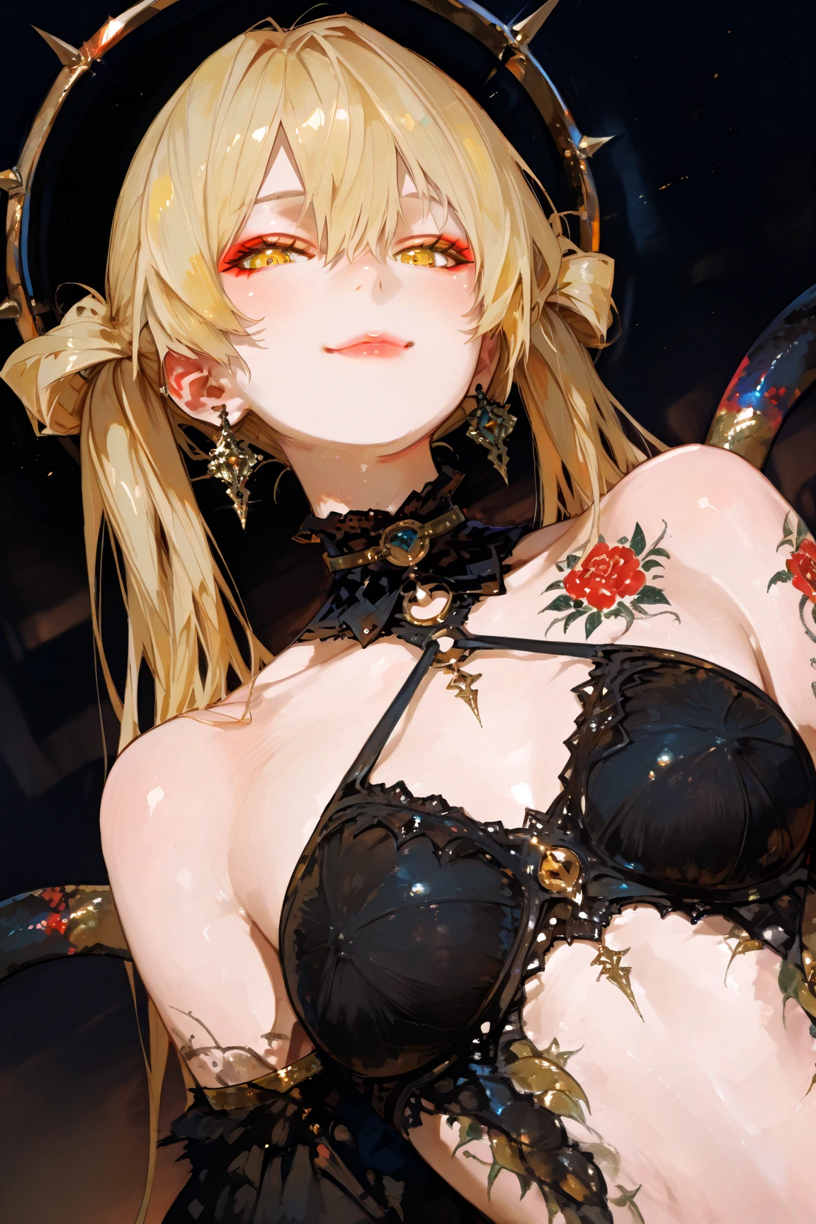 A female empress, short white hair, with yellow eyes, mostrando os peitos, legs open showing pussy, with an angry face and a provocative look. Wearing traditional Chinese imperial clothing, decorated in gold with black details, with red Hanafuda earrings, with a short red skirt. On your knees in a hotel room bed, with a sunset in the window in the background.
