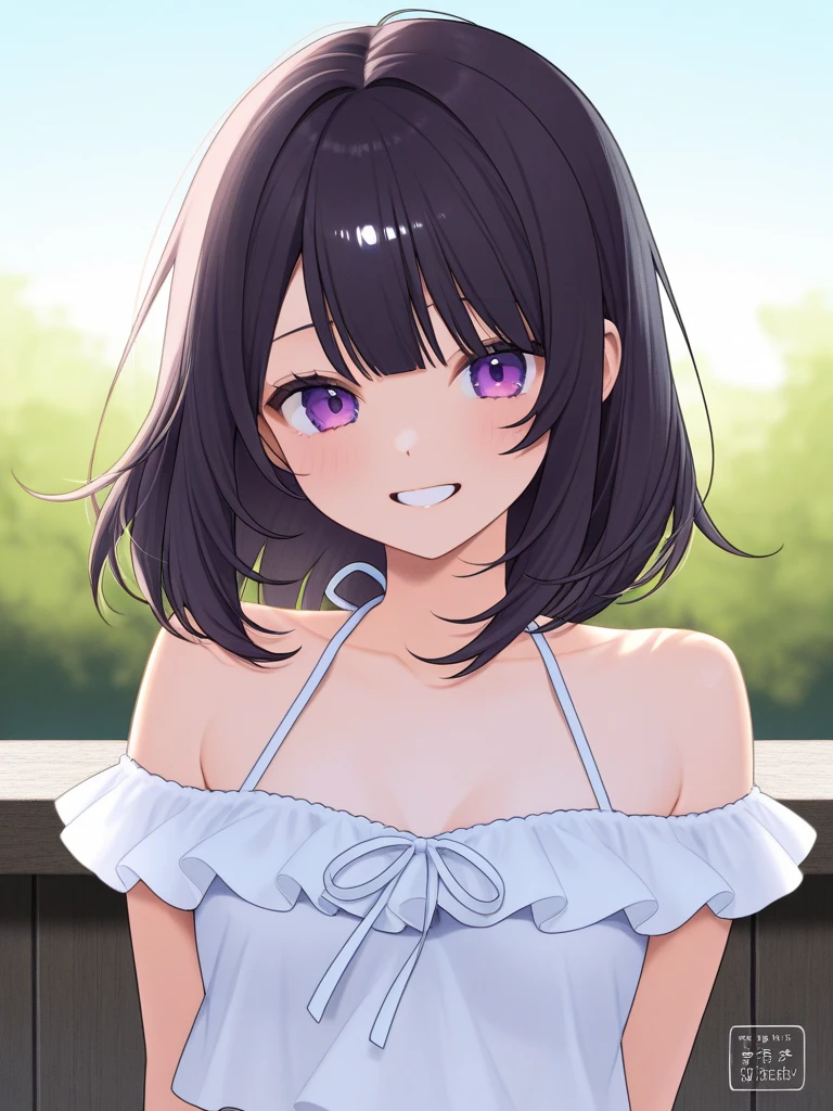 cinematic angle, leaning forward、Shooting from above、cowboy shot、Real person, (Pale skin: 1.2), RAW Photos, Realistic, Shiny skin, Shiny Hair、(A 33-year-old woman with straight hair and bangs) and (medium hair) and (black hair) and (purple eyes) , (white) and (Off the shoulder) and (dress), (light smile), The background is a park