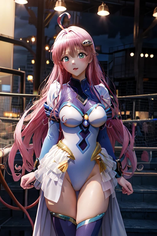 (masterpiece, highest quality:1.2), cowboy shot, alone, 1 girl, more campbell, smile, looking at the viewer, star hair ornament, high leg leotard, skirt, gloves