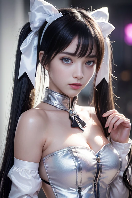 perfect figure beautiful woman:1.4, Layered Hair Style, Protruding cleavage, Snow 2D costume:1.5, Highly Detailed Face and Skin Textur, double-edged eyelid, Whiten the skin, long whitr hair, Collar