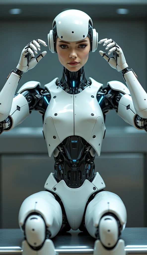 Intricate 3d rendering of highly detailed beautiful ceramic silhouette female robot face, robot, robot part, 150 mm, beautiful studio soft light, rim light, vibrant details, luxurious cyberpunk, lace, surreal, anatomy, facial muscles, cables wires, microchip, elegant, beautiful background, octane rendering, HR Giger style, 8k, best quality, masterpiece, illustration, very delicate and beautiful, very detailed, CG, unity, wallpaper , (fidelity, fidelity: 1.37), amazing, fine detail, masterpiece, best quality, official art, very detailed cg unity 8k wallpaper, absurd, unbelievably absurd, robot, silver helmet, full body
