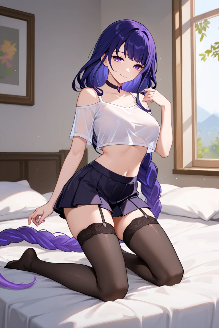 Bela, obra prima, extremamente detalhado, melhor qualidade, linda mulher dormindo, sensual, cores vibrantes, rock decorations, piercing, pijama, deitada na cama dormindo de costas para o expectador, mini skirt and pantyhose, ass towards the viewer, peitos grandes e bunda grande,