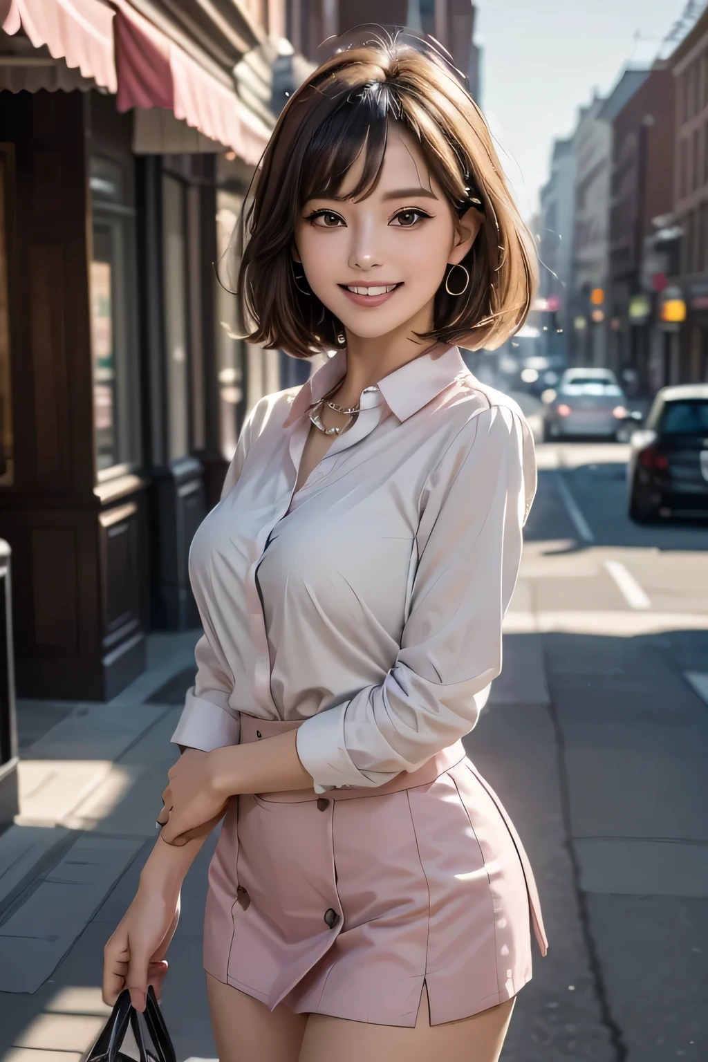 (masterpiece, Highest Quality, high resolution, surreal, Perfect Pixels, Realistic, 4K), 1girl, solo, beautiful face, mature, dark brown eyes, eyelashes, Realistic eyes, grin, perfect teeth, Necklace, big breasts, ((light pink collared shirt, black tight mini skirt)), thighs, standing, amazing, (cowboy shot), (Background: main street)