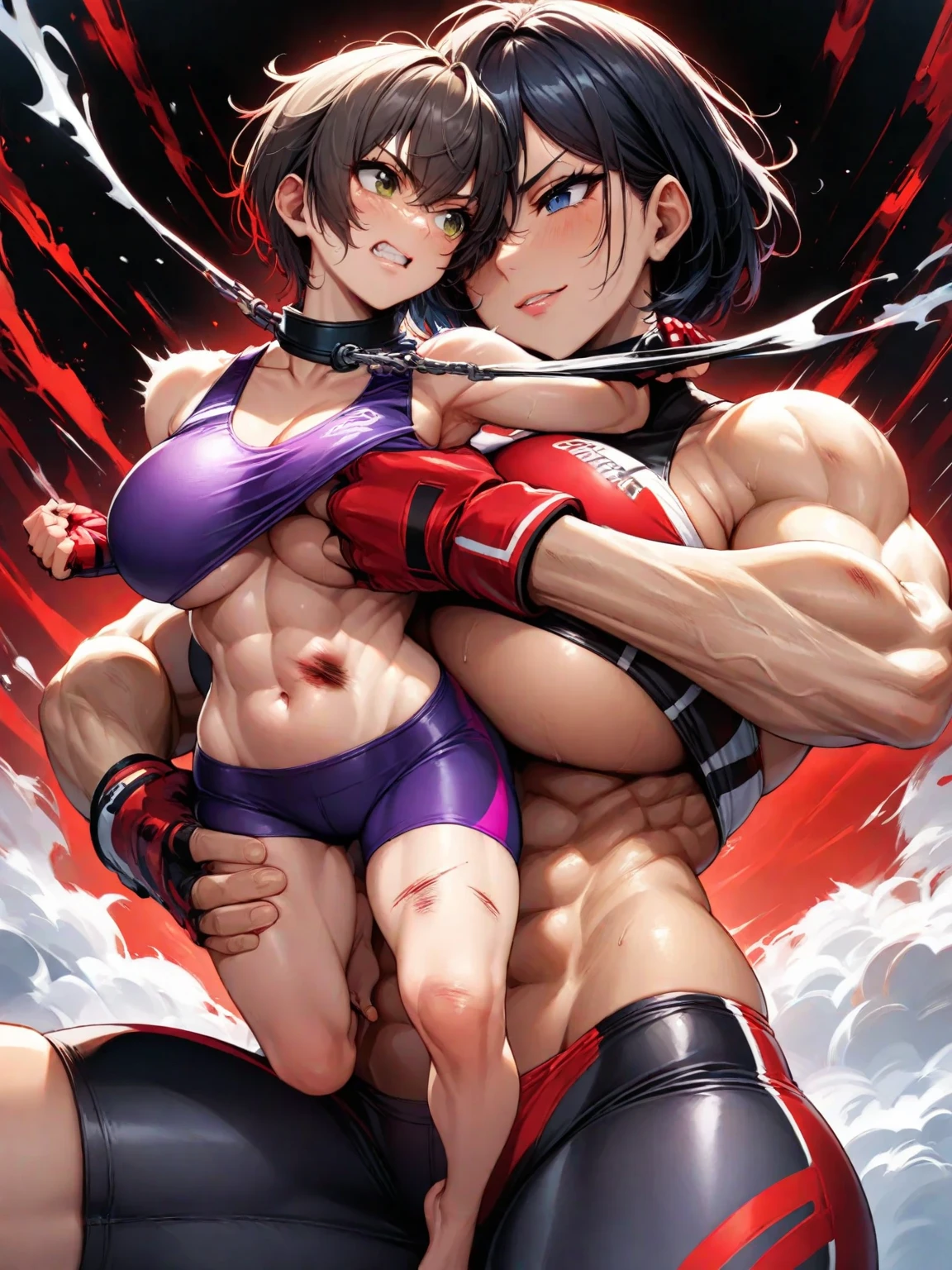 full body, a male streetfighter is raping a beautiful Japanese female streetfighter, the female streetfighter lost fighting in the backstreet, She is lying down, blood is dripping from her nose, She is covered in scars and bruises, she is damaged terribry, Short cut black hair, out of breath, drooling from mouth, crying, exhausted, drenched in sweat, Erect nipples, open finger glove, ,She is covered in sperm