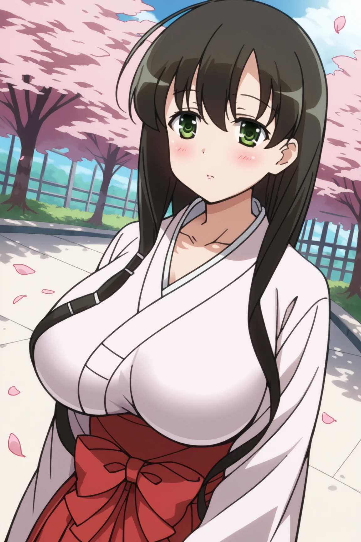 (masterpiece:1.2), (best quality), (ultra detailed), (8k, 4k, intricate), (upper body), (cowboy shot), (highly detailed:1.2),(detailed face:1.2), (detailed background),detailed landscape, (dynamic pose:1.2),  fuumasaika, 1girl, solo, long hair, breasts, gigantic breasts, nagatiti, looking at viewer, smile, skirt, large breasts, brown hair, shirt, red eyes, cleavage, bare shoulders, jewelry, very long hair, collarbone, white shirt, outdoors, necklace, off shoulder, hair over one eye, bracelet, petals, cherry blossoms