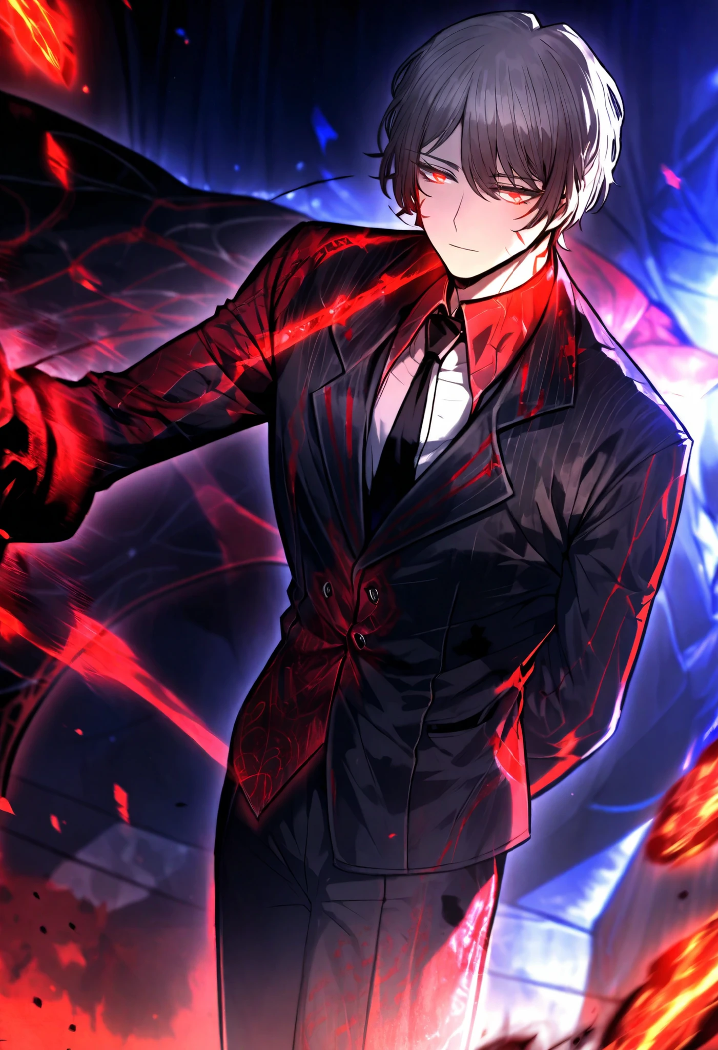1male, short hair, grey hair, black and red suit, black gloves, black overcoat (project moon), glowing red eyes, white undershirt, black tie, fancy suit, red markings, red flower markings on suit, red flower engravings in suit