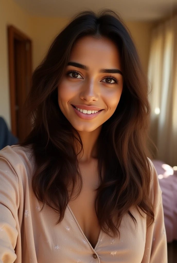 **A stunning close-up photograph of a Mexican woman in her mid-twenties. She has a warm, confident smile and beautiful, expressive eyes. Her dark hair is pulled back in an elegant bun and she is wearing a green, white and red rebozo over her shoulders. The background is blurred and toned to emphasise the model's striking features, with a soft golden glow in the lighting**