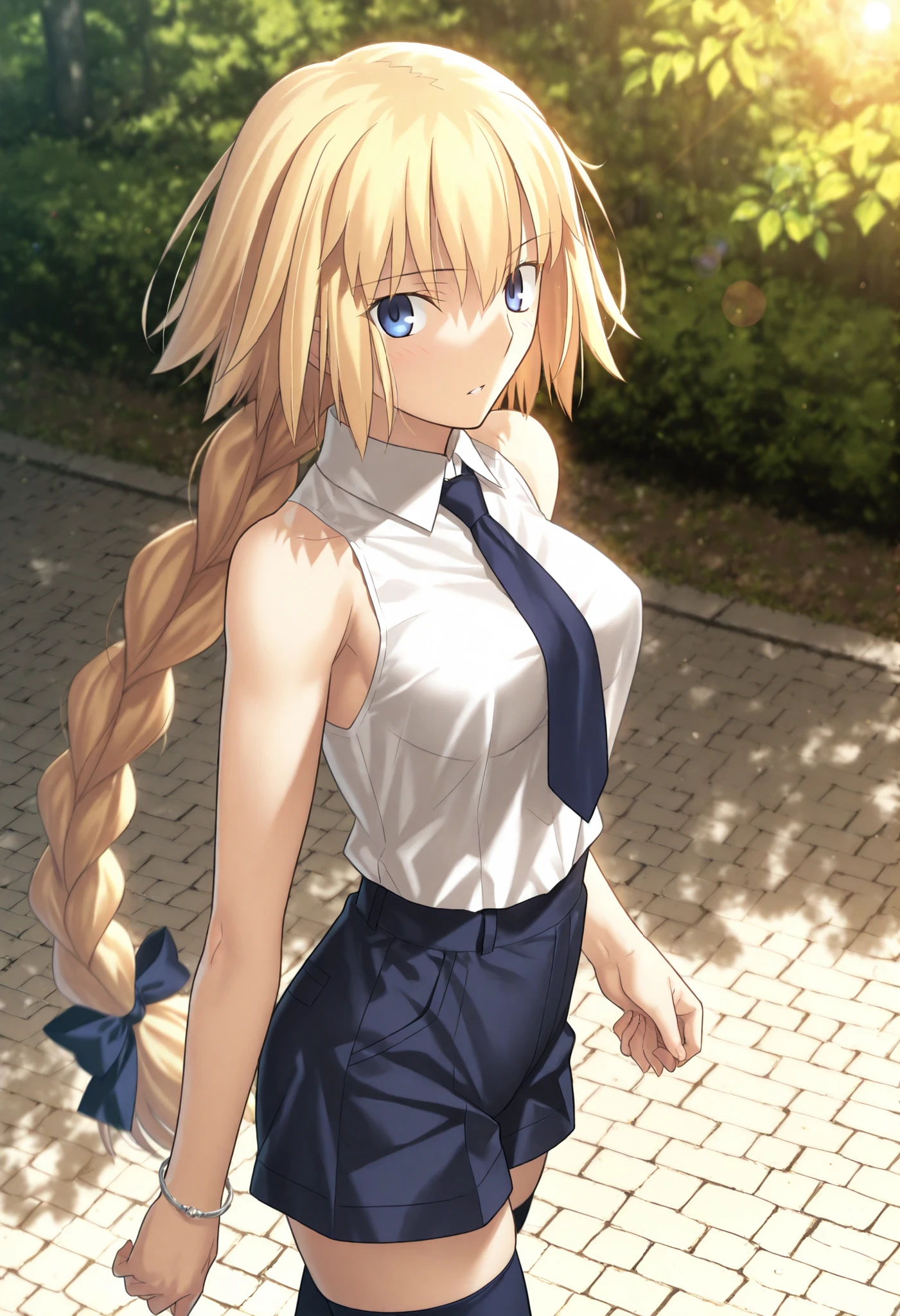 masterpiece, , absurdres, highres, detailed background, high resolution, masterpiece, necessary, detail, best quality, quality, necessary, details, High details, Precise, dark, outdoors, dappled sunlight, day, lens flare, blurry background, from above, from side,                                            
                                                                                                                                                                                                                         1girl, , Takeuchi Takashi (type-moon,tsukihime) style, takeuchi takashi style, blouse tucked in shorts, cowboy shot, bracelet,  
   
girl, slim arms, jeanne d arc, \(fgo\), blue eyes, jeanne d arc, blonde hair, medium hair, single braid, ((very big braid, huge braid)), , sleeveless white blouse with a dark blue necktie ,dark blue shorts, dark blue thighhighs, barely visible at the bottom of the frame  , medium breasts, looking at viewer, ,                                                                                                                                                                                                                                                                                                                                                                                                                                                                                                                                                                                    