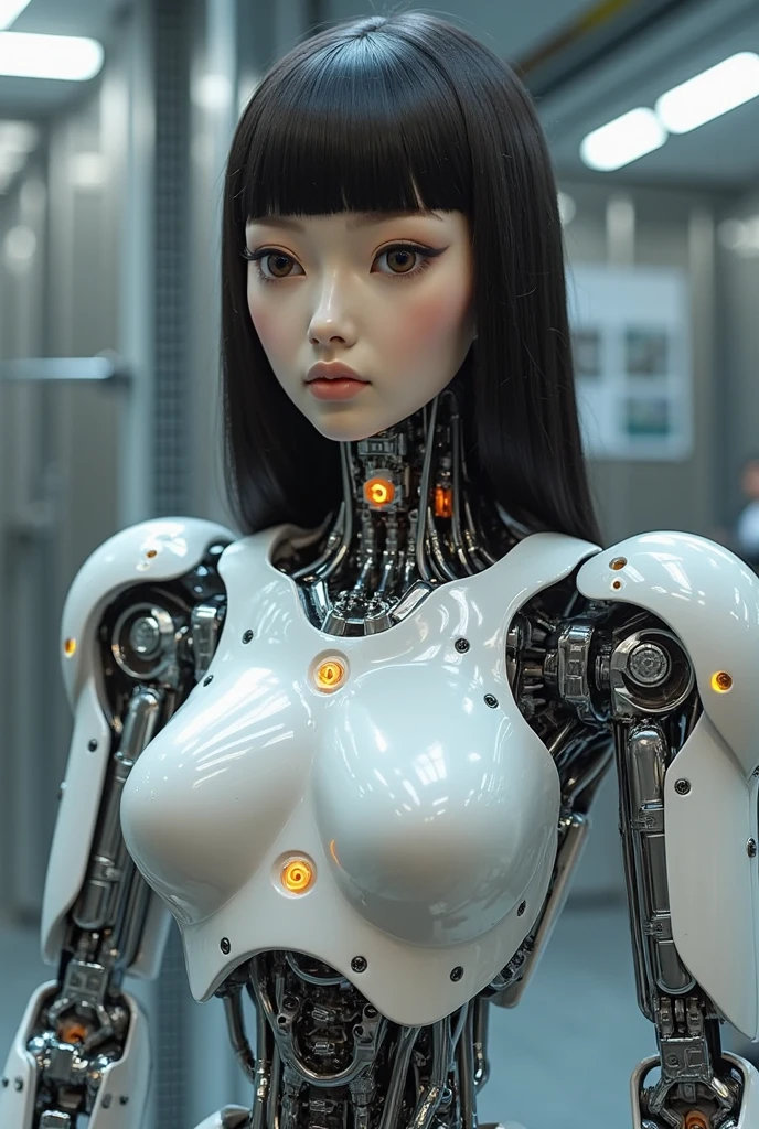 Full HD image of a female robot with a human head and long black hair with bangs. Her body is made of transparent material that allows you to see the robot components inside her. She is standing on an assembly platform in a robot assembly factory.
