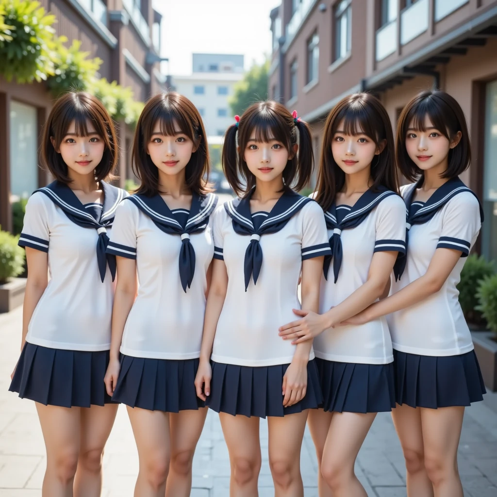 ((masterpiece, highest quality)), (Super detailed), ((super cute)), (Multi-point), ((very detailed)), 4k, highest quality, (beautiful), hyper cute face, Perfect Face, hyper genuineistic, Close-up, clear outline, (three high school girls, 3 cute girls:1.5), (summer school girl uniform :1.3), ((seductive eyes, beautiful eyes)), (leaning forward:1.3), (upskirt:1.3), natural skin texture, big breasts, romantic ambiance, Highly detailed CG, natural lighting, look shyly at the viewer
