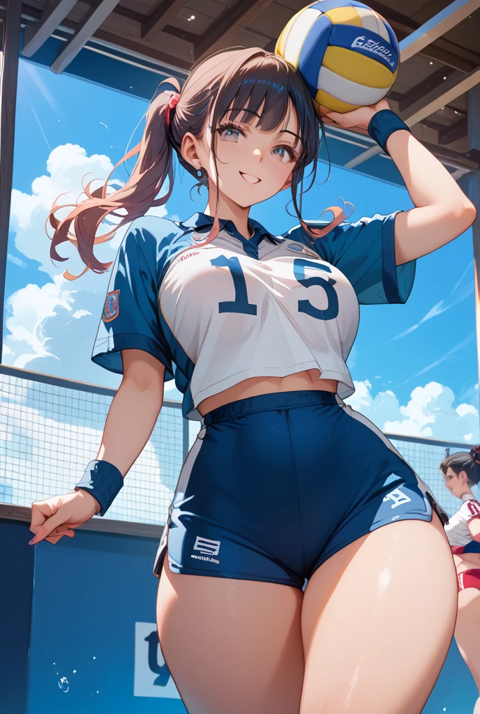 (artwork, Best quality, detailed), 1 girl, Alone, looking at the viewer, Jaí, long hair, braid, hair flaps, very long hair, single braid, hair between the eyes, a blue football sports shirt ,blue shirt,manchester city