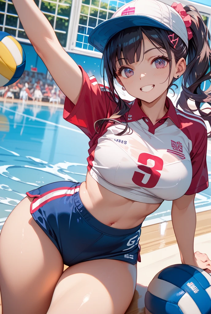 unity 8k wallpaper, anatomically correct, (((masterpiece))), (((best quality))), (((ultra detailed))), (((high-resolution))), ((super fine illustration)), ((Ultimate cutie)), detailed beautiful face, solo, one girl, , (potbelly), (curvy), medium breasts, ((Thick thighs)), shiny hair, ((evil smile)), smirk, (blush), BREAK, (((sports bikini))), (beach volleyball uniform), ((wrist bands)), ((kneepads)), BREAK, ((hold the Beautiful spherical shape 6-inch volleyball with both hands)), stylish pose, ((sweat)), (perspired), (heavy breathing), sense of depth, in beach volleyball court, in beach, lighting, from below, looking at viewers, cowboy shot