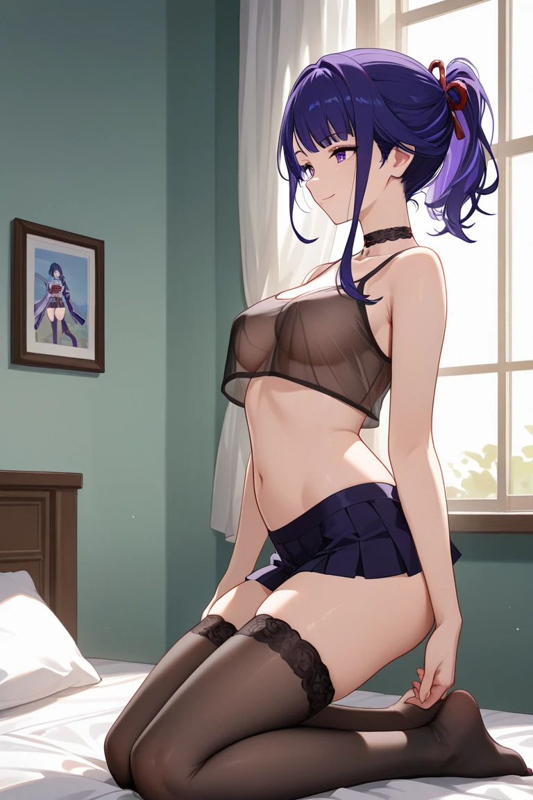 1Raiden shogun, large breasts,clothes in mouth, cleavage, navel, t-shirt, ((bra)),clothes lift, shirt in mouth,