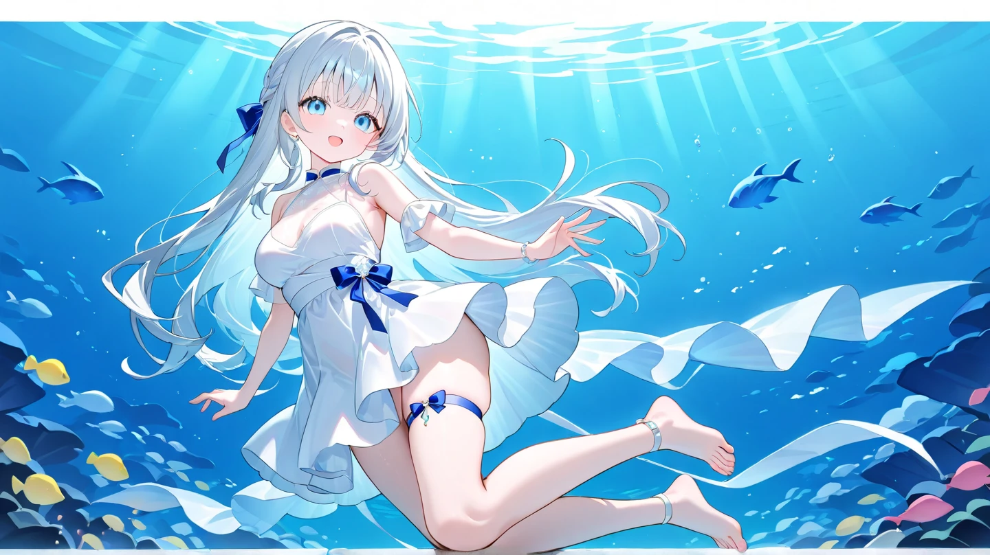 masterpiece, best quality, extremely detailed, detailed background, detailed face, blunt bangs, 1girl, jellyfish, underwater, solo, purple eyes, coral, white hair, smile, short hair, bubble, looking at viewer, bare shoulders, fish, frills, breasts, air bubble, wrist cuffs, hair ornament, dress, thighhighs, leotard, closed mouth, white thighhighs, water, small breasts, swimsuit, collarbone, hand up