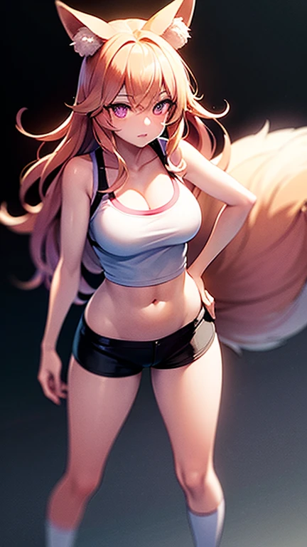 full body, full pose, 2d, masterpiece, best quality, anime, highly detailed, cowboy shot, 1girl, solo, monika, green eyes, very long hair, ponytail, ((black tank)), ((blue short jeans)), ((short black socks)), slim body, ((slim legs)), show thighs, ((underboob)) ((white ribbon)), ((squating)), spread legs, park and trees background, hands behind head, armpits, smile, blushing, serious face, sport shoes, looking at viever. viev from up.