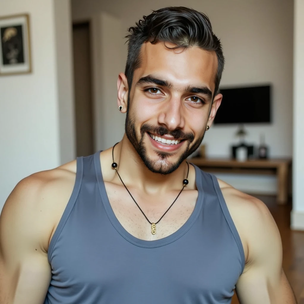 A sexy handsome arabic man in a cafe, sitting , homoerotic, handsome face, gorgeous hair, fashionable clothes , nsfw, homoerotic ,penis,(slightly curly hair: 0.2), breast