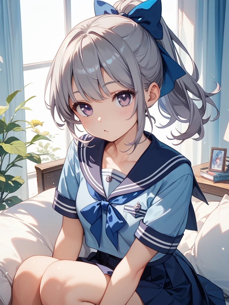 (masterpiece, best quality:1.3),  sailor suit, One girl, hair updo, ash Hair, smile, Medium chest, Particles of light, Speckled sunlight, sitting, on the bed