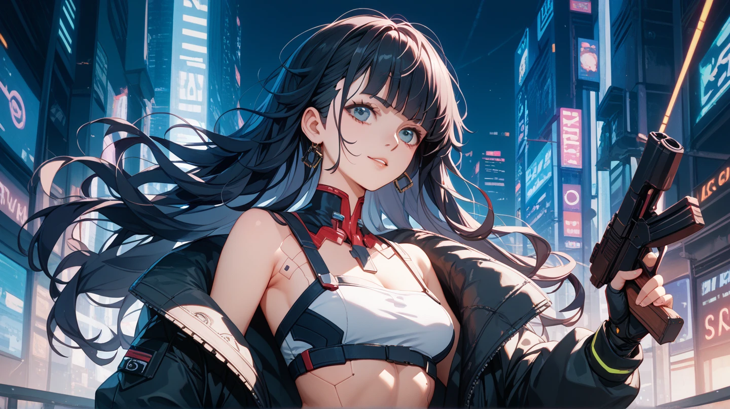 最high quality、best image quality、masterpiece、teenage girl((18-year-old、 by becoming、vest bust、medium bust,wide open breast tea、black eye, black hair、long hair、thin,highest valley、cute makeup、punk clothing、best smile、Red Face Paint、distressed jeans、distressed jacket、black sports bra、Crouching posture)),high quality、beautiful art、background((cool building rooftop、heliport、night)),pieces fly、Depth of written boundary、movie、visual art、perfect art、