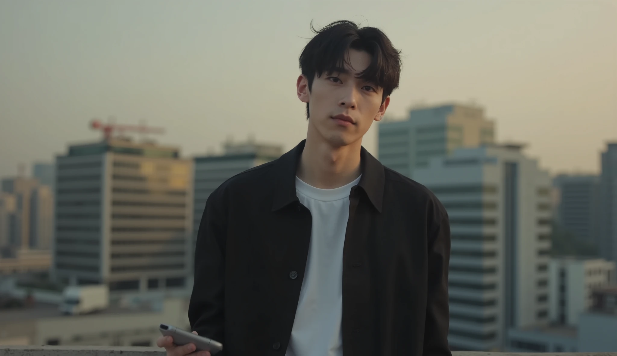 A realistic portrait of a asian handsome chinese man in his late 20s or early 30s standing alone on a quiet rooftop at dusk, overlooking the city skyline. He has a sharp jawline, slightly tired eyes, and wears a fitted black jacket over a plain white shirt. The wind slightly lifts his hair as he holds a phone loosely in one hand, just having ended a call. His expression is calm but resolute, showing clarity after heartbreak. Around him, the golden hour lighting reflects on the glass buildings in the background. The mood is serious but grounded — a man who’s been through emotional betrayal but is now letting go with dignity. No tears, just quiet strength. Realistic lighting, soft contrast, cinematic tones.