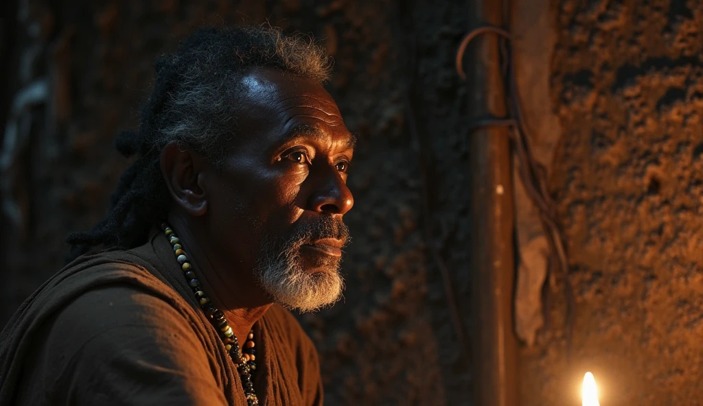 Homem africano, por volta dos 60 anos, com rosto marcado pelo tempo e com muitas rugas. His countenance is sad and looks sore. Wears white clothes and seed necklaces around her neck. He's sitting on a wooden stool. Diversas velas acesas.