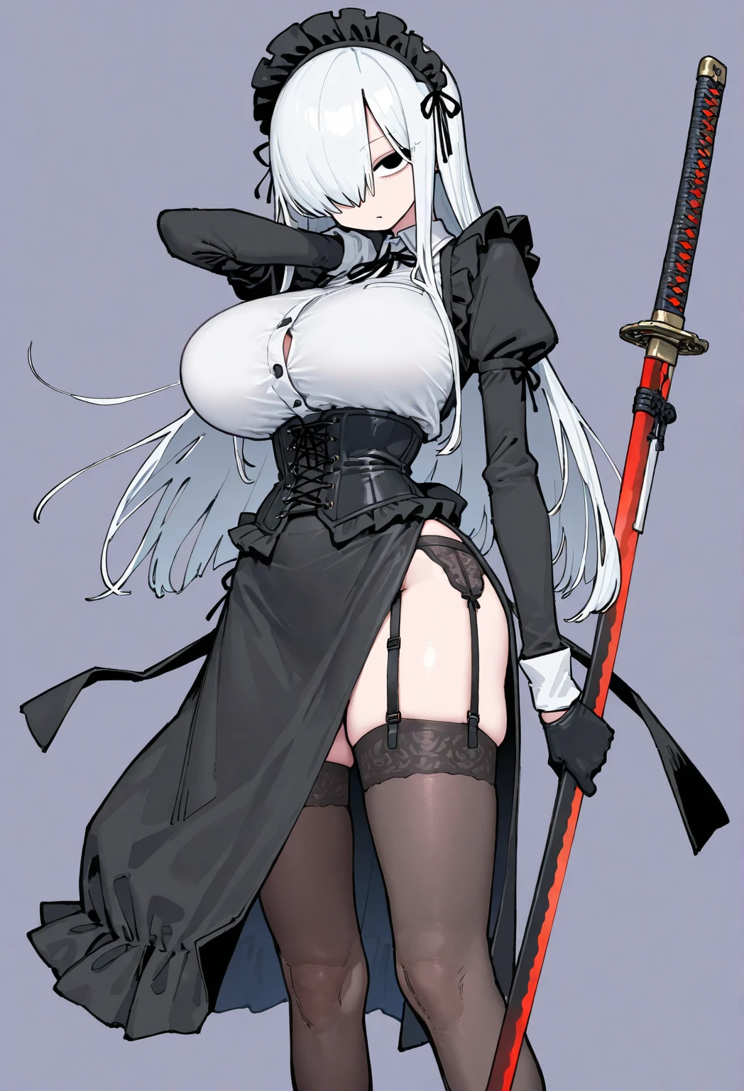 1girl, white hair, long hair, red eyes, serious, glowing eyes, large breasts, thick thighs, mature female, athletic female, toned, leotard, black leotard, thighhighs, belt, knife, knifes, pantyhose, ((belt)), black pantyhose