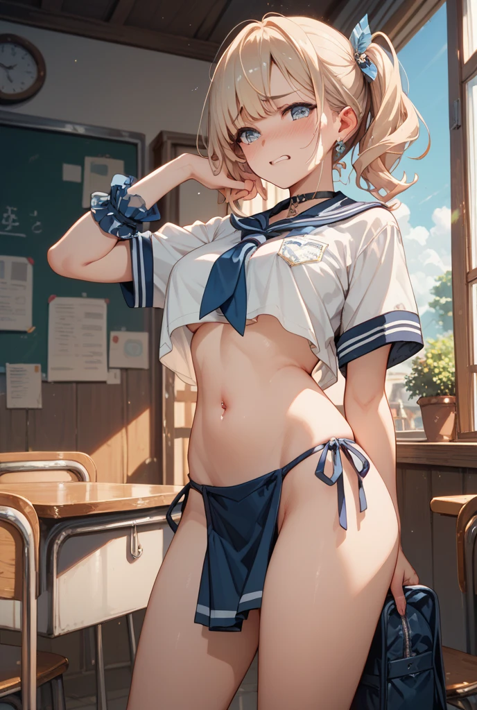 masterpiece, highest quality, High resolution,  short hair， Short skirt、Drooping eyes，barefoot，Looking up，Embarrassed face，Angle from below、Small breasts、Sailor suit、Polka dot underwear、The underwear is transparent、Peace sign next to face、In the classroom、The legs are thin、soaked、Hair color is black、Lots of flowers on the head