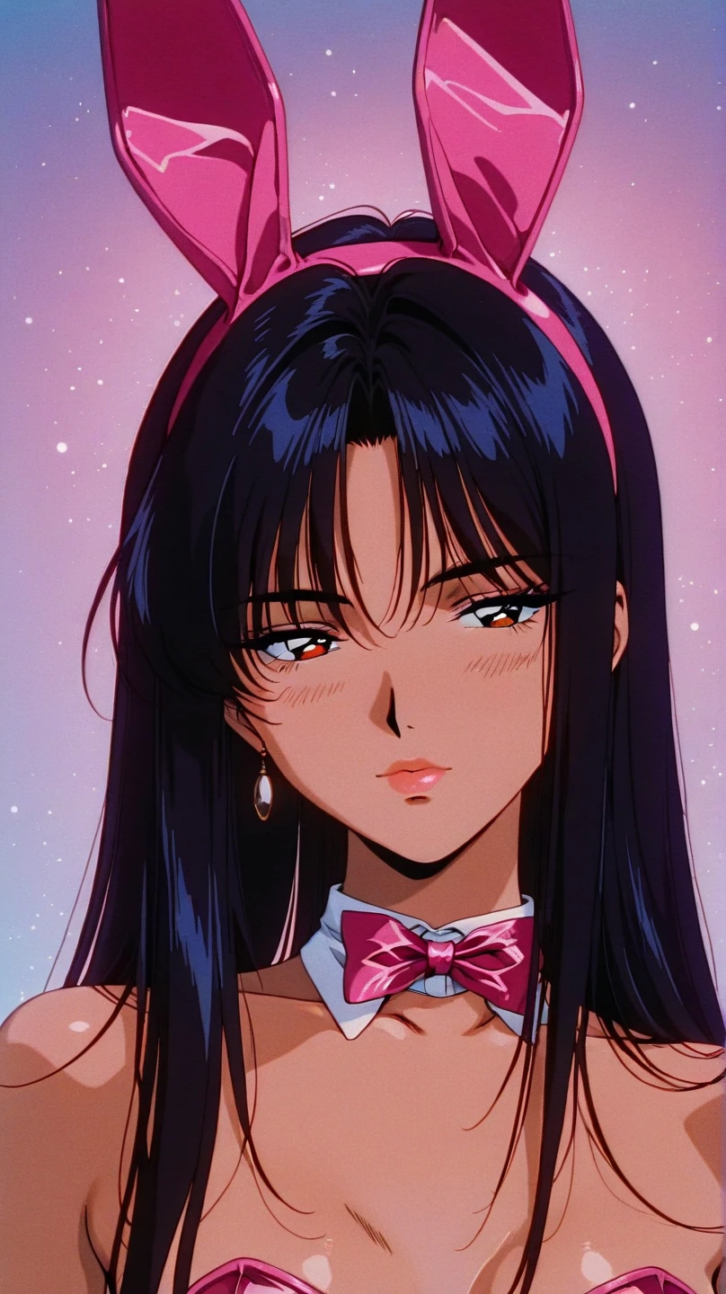 80s anime sailor moon, dark blue and purple wavy with bangs long hair kinda messy, light brown slightly doe eyes with light makeup on eyes and cherry lipstick, on a wall with windows kind of skin expose to sunlight, wearing dark red and black off shoulder, a bit closer to camera