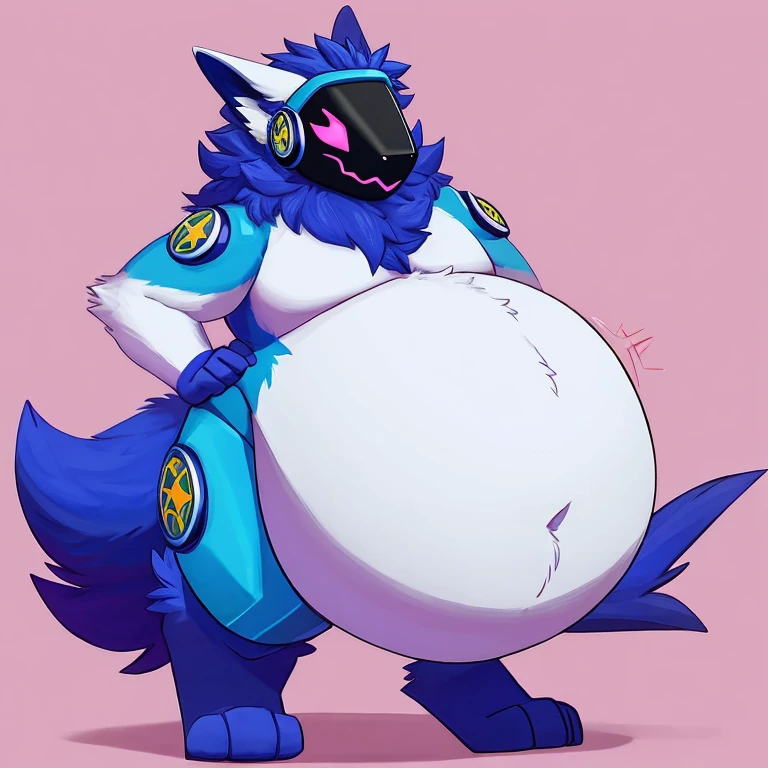 muscular Female Protogen wearing gym clothing, has white fur, has yellow mechnical parts, has purple eyes, fat, overweight, massive belly, vore, huge stomach, no bra, huge boobs, big breasts, gigantic stuffed stomach