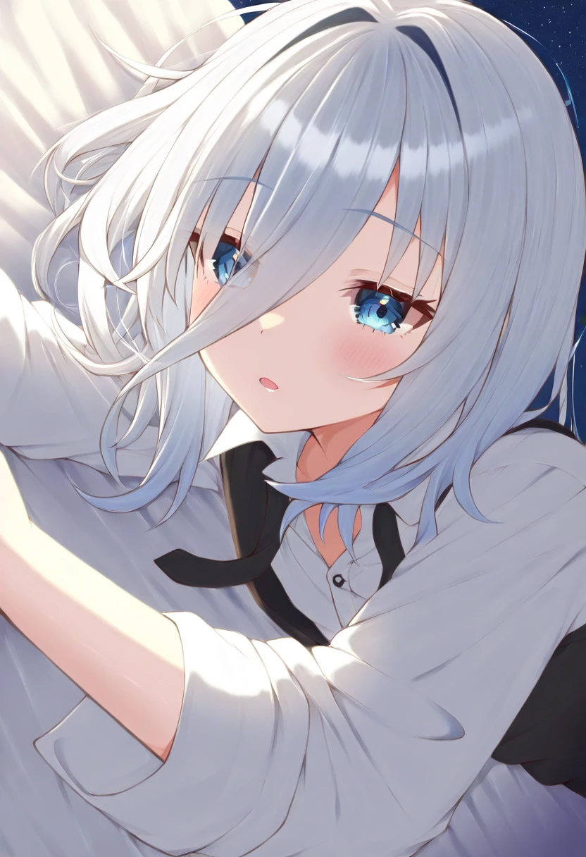 Lying down,Face close up,Blushing,smile, Looking at the audience, bed,Hair between the eyes, Blue jewel-like eyes, Gray Hair, Hair length, ribbon, ヘアribbon, uniform, Pleated skirt, White shirt, Black Skirt, Short sleeve,Plump thighs,Simple Background,Best image quality