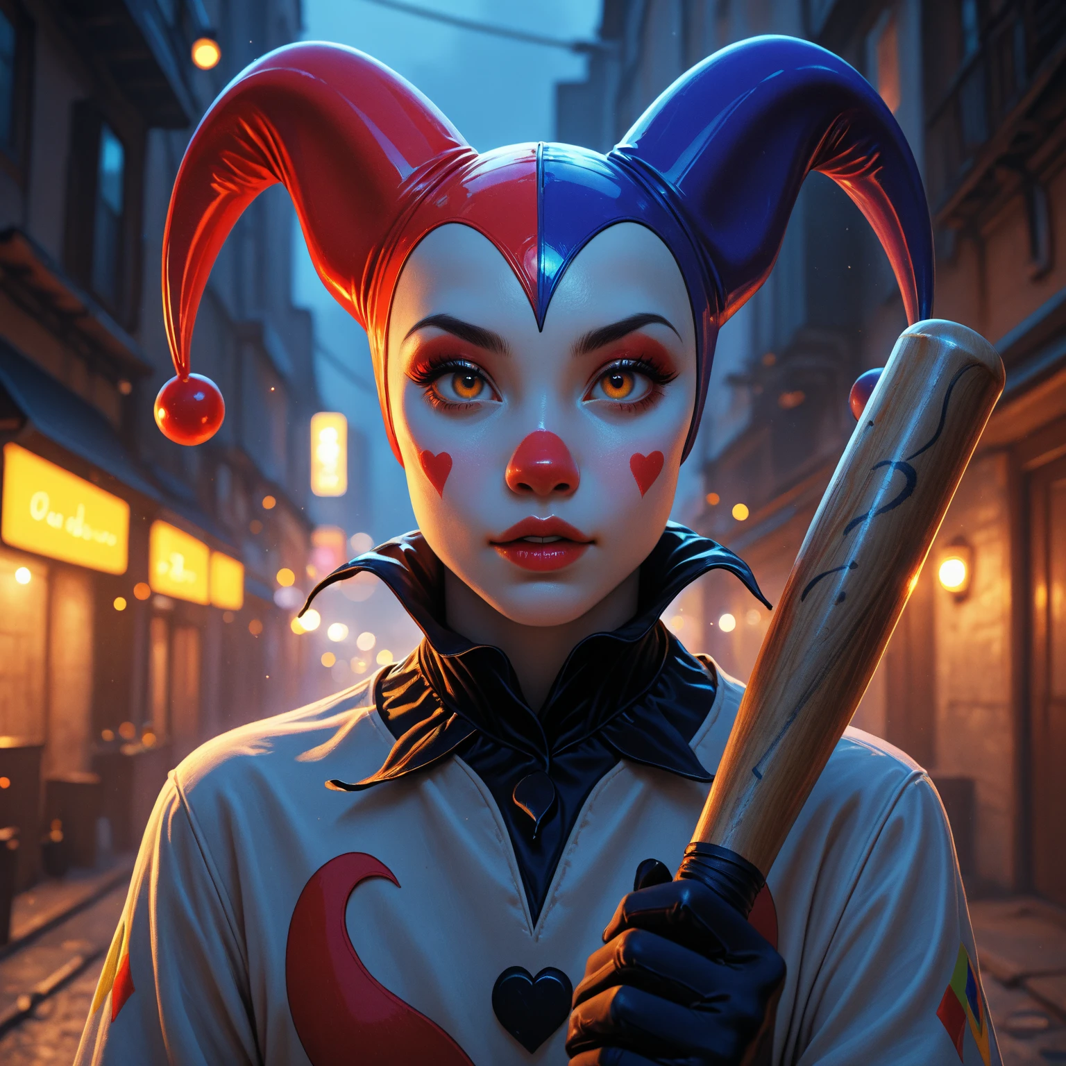 Harley Quinn in the street, (masterpiece, best quality, highres, ultra detailed ), night , depth of field with a smile face

