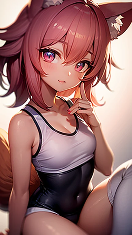 (8k, 4k, Masterpiece, Ultra quality, Ultra detail, HDR, Anime, Brighter colors), (1girl, Kitsune ears, Cherry-red hair, medium hair, Bangs over one eye, Tied hair, Blush, Lustful look, Heart pupils, smiling, heavy breath, breasts, (Sport bra, Highleg panty, thigh-highs), Standing , Hands behind back