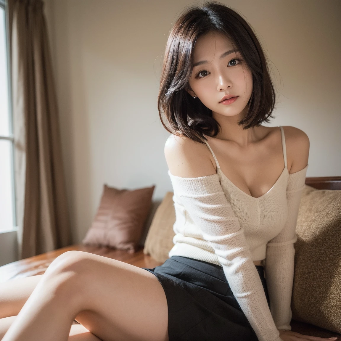 1 japanese women,office,cleavage,small breasts:1.5,sleeveless knit,off shoulder,long skirt,sit,side
