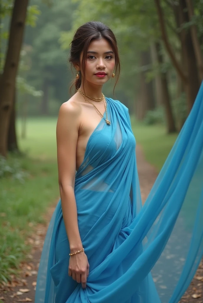 incredibly beautiful iranian mom with 30gg breasts, slim and athletic, in transparent blue blouseless saree picking up water lilies in a forest, giggling and talking to incredibly handsome son. thigh deep in water, covered with multiple kinds of flowers. their young son adoringly looking at her. mom's cleavage is massive. tall dark erect nipples, goosebumps on her skin