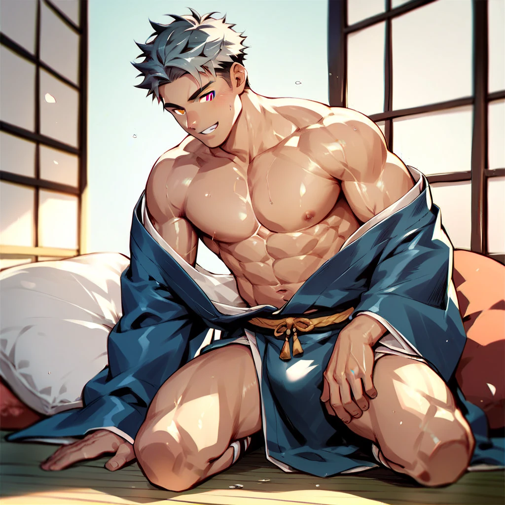 maimoto, solo,1boy,1male,rugged face male,droopy eyes,glay eyes,Small eyeballs,mature male,manly,muscular,gray hair,short suit hair,designer stubble,blue japanese clothing with long sleeves (samue),long blue pants,clothing and pants have same color,japanese sandals(zori),in the traditional japanese-style tatami rooms,arge pectorals,Huge Arms,foot fucus,must have five toes