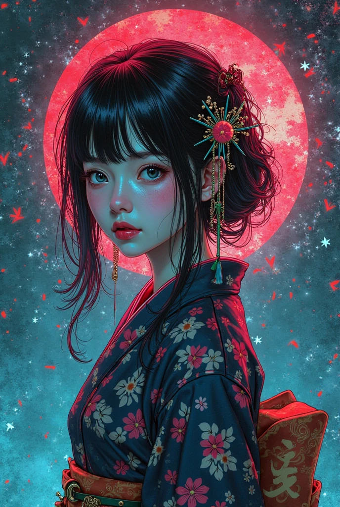 1girl,(black_hair:1.1),(zentangle, mandala, tangle, entangle:0.6),(fractal art),the most beautiful form of chaos,brutalist designed, the most beautiful and highly detailed Harajuku-inspired hooded kimono, cherry blossoms blowing in the wind, enchanted, aesthetic, psychedelic, atmospheric, cosmic 