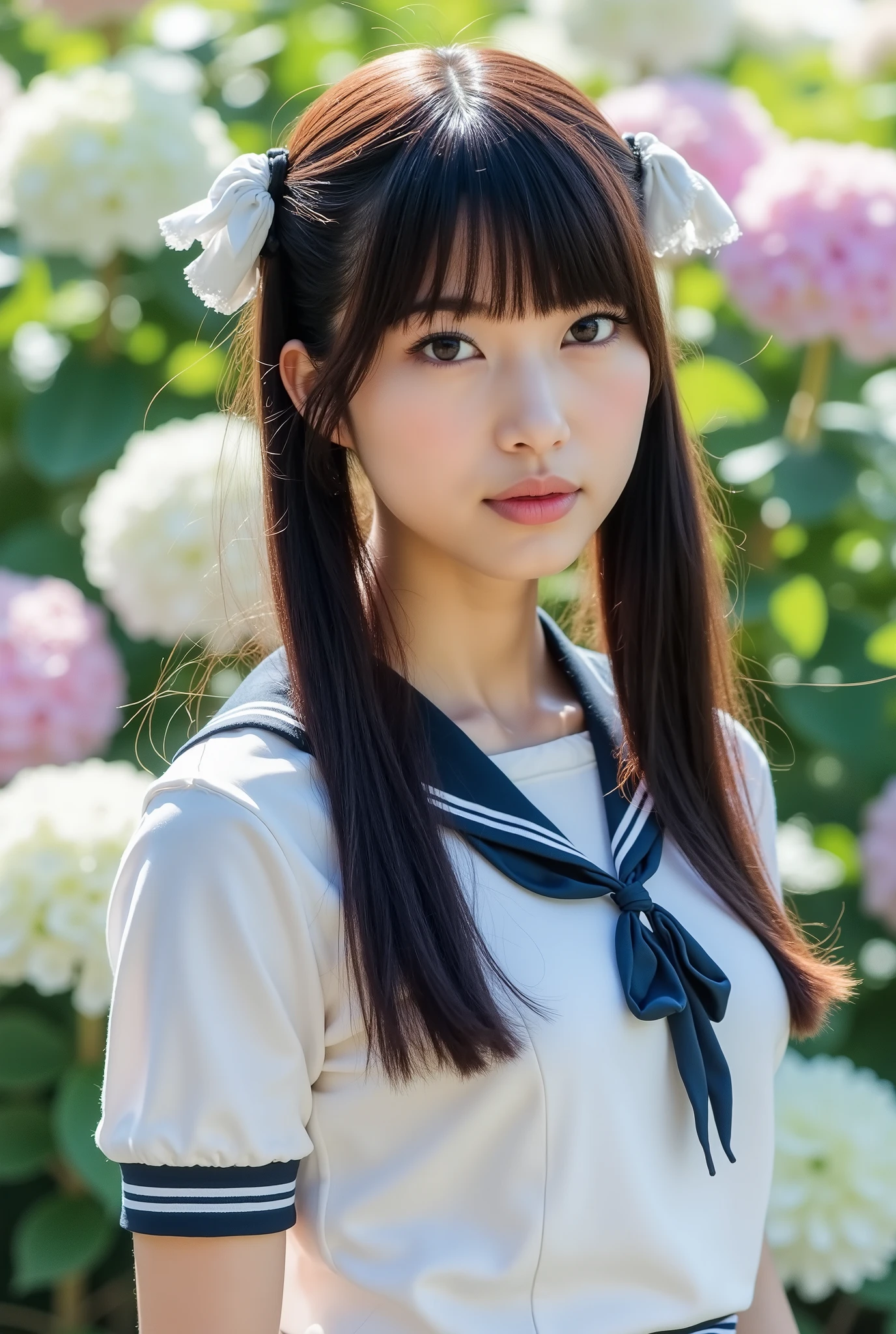 Middle school students　girl(Eye and facial details:1.0)　Black Hair　Double　Iris　Tear bags　Soft and fluffy　Girlish　　Monotone Coordination　Rose Garden　garden　blouse　Pleated skirt　loafers　Portrait　Backlight　The subject&#39;s transparency　Detailed　RAW Photos　Front blur　Background blur　All Roses