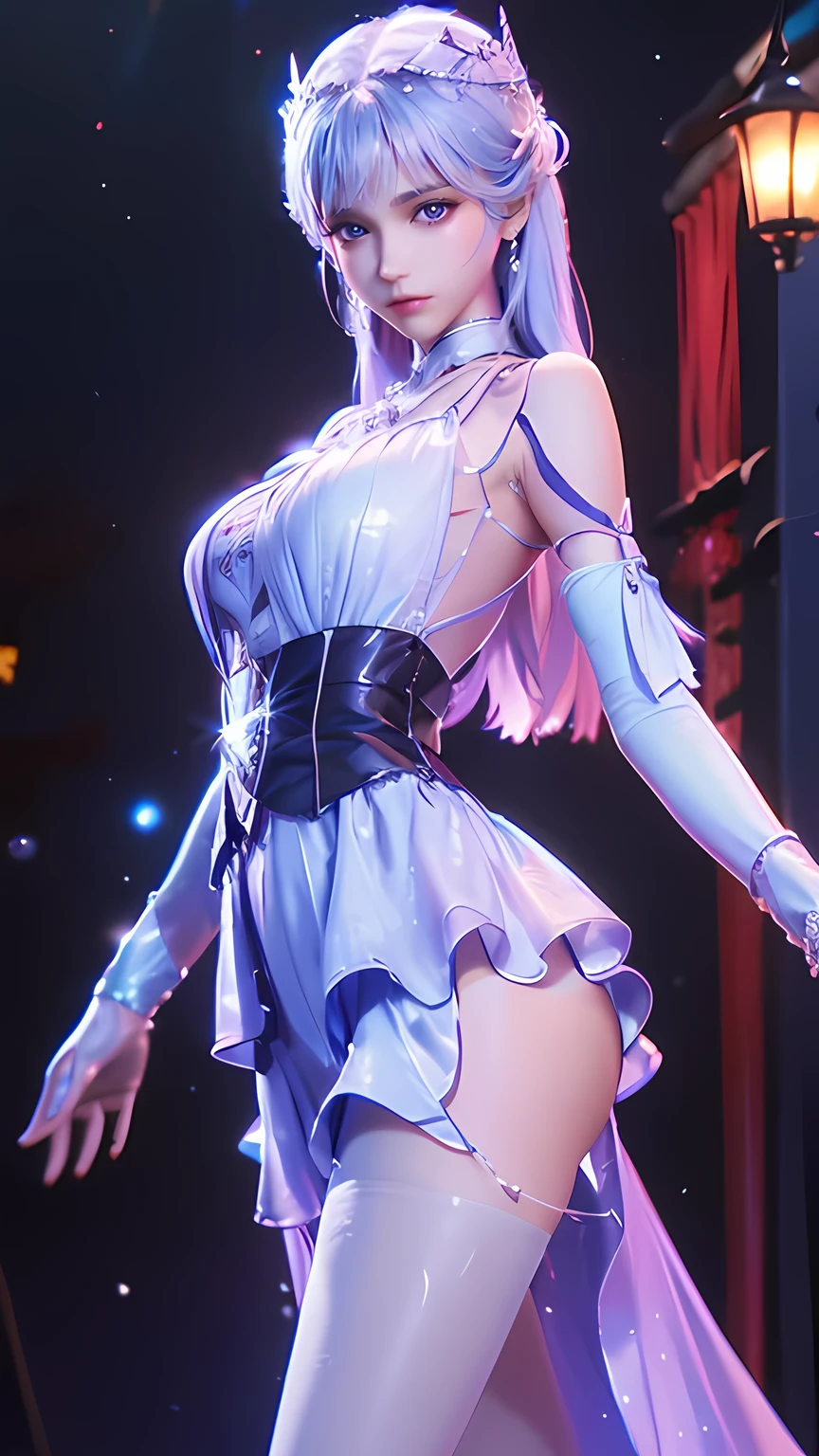 Hyper Detail, Girls Only, Layered Bob, dynamiic lighting, (((Bold imaginative pose)), (Glossy skin: 1.5), masterpeace, Top Quality, absurdism, Watching Viewer, (Blonde and Pink Hair), Purple Clear Eyes, Slender, High res, Sharp Focus, and depth of field, detail eyes, Sharp Eyes, ((Realistic Eyes)), (Medium boobs: 1.4), outsdoors, Sunrise sky, many lilac back ground, (caramel toe: 1.2)), ((Flashy lace underwear with attractive delicate design: 1.3))
