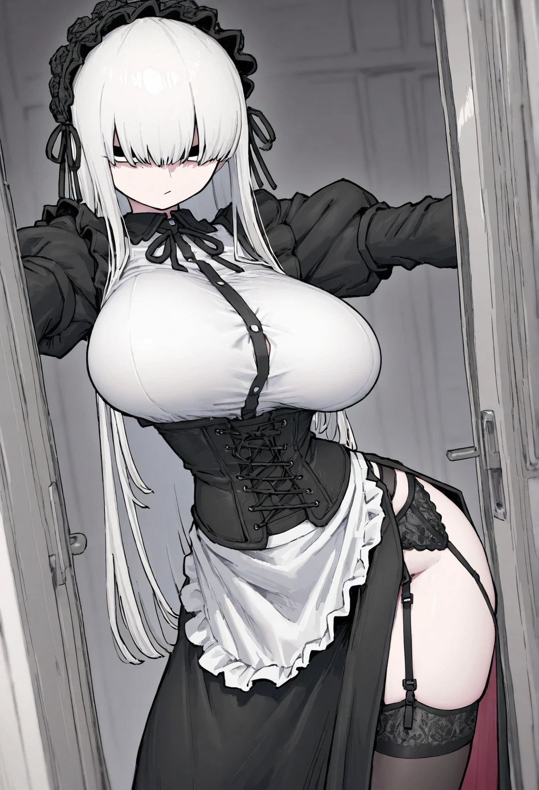 best quality, (masterpiece:1.2), detailed,Alice, ((Ahegao)),gray hair, long hair, red eyes, Huge, erect nipples , ((Pussy exposure)), (((Breast exposure))), (((Very slender waist))), (wide open pussy),
((black latex dress)), cleavage cutout, thighs,Spread your legs, head tilt, looking at the viewer, (The background is a white space with nothing in it.), nsfw, ((PUSSY)), ((anal)), ((sex))