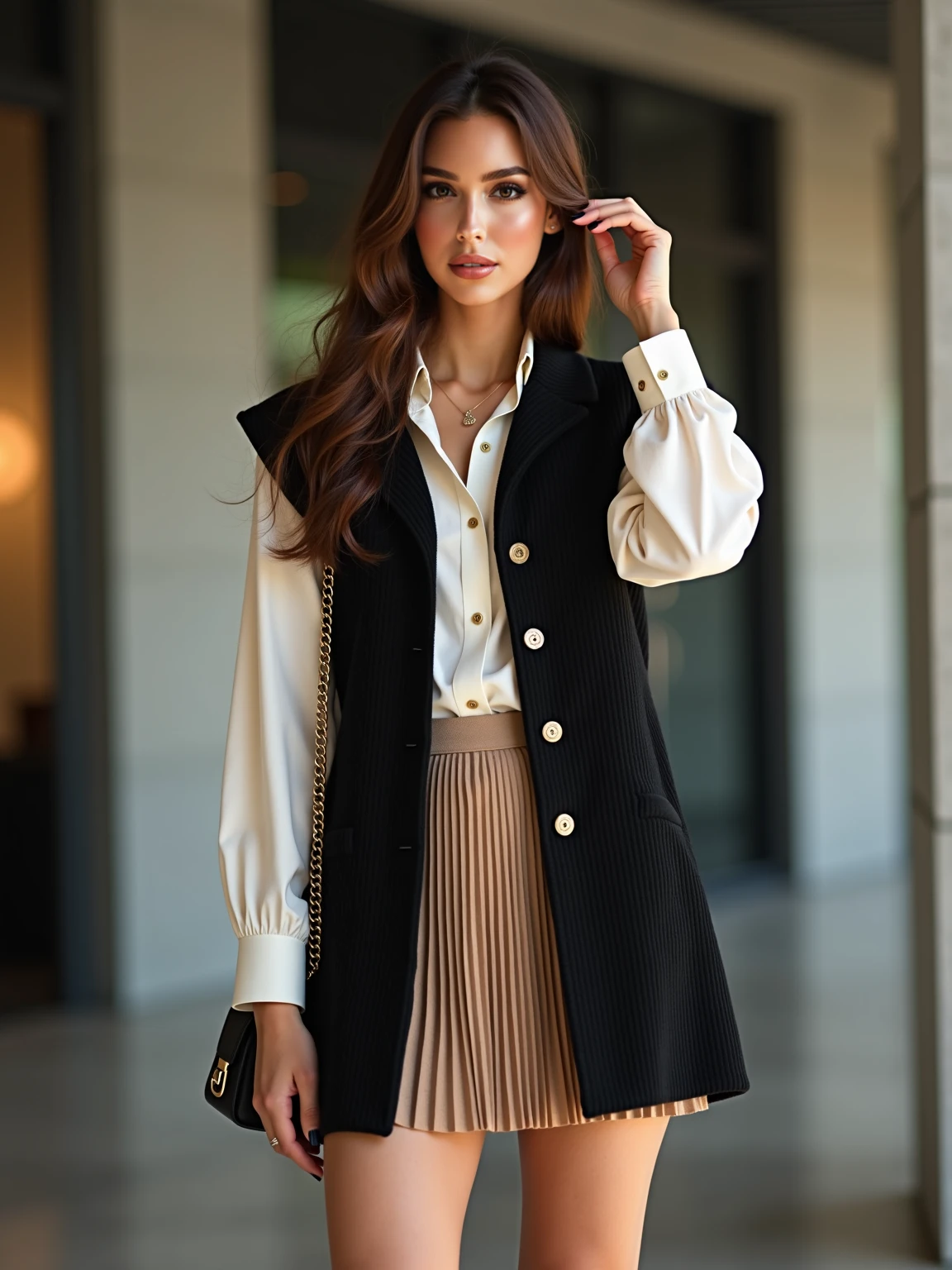 (Best quality, High resolution, Masterpiece :1.3), A tall and pretty woman, Slender abs, Dark brown hair styled in loose waves, Breasts, Wearing pendant, White button up shirt, Belt, Black skirt, (Modern architecture in background), Details exquisitely rendered in the face and skin texture, Detailed eyes, Double eyelid