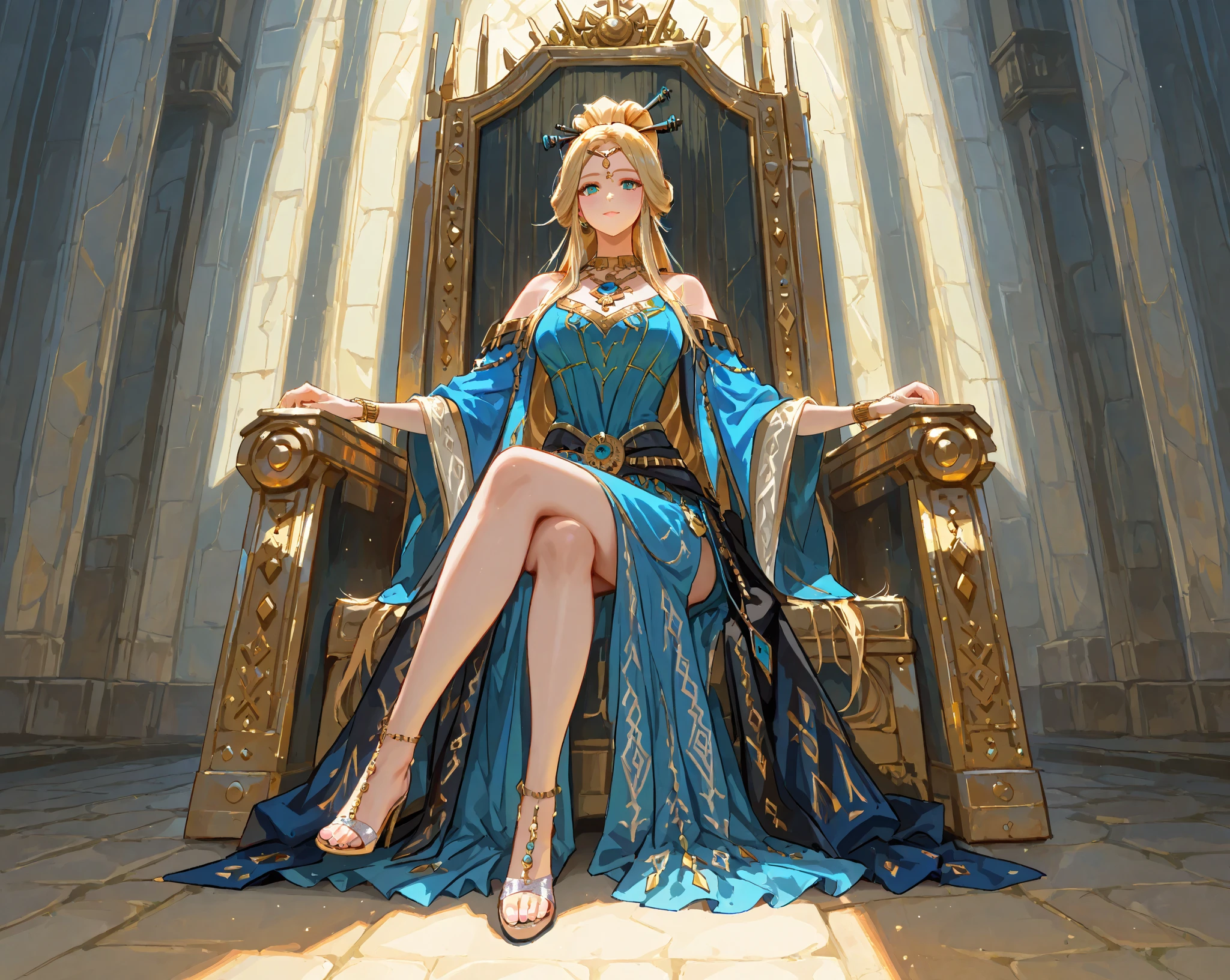 a beautiful elegant woman, flowing golden hair, piercing blue eyes, ornate black gown, intricate golden details, sitting on ornate throne, grand hall of castle, regal, goddess, queen, ceremonial dress, photorealistic, 8k, ultra-detailed, cinematic lighting, dramatic shadows, intricate details, vibrant colors, golden crown on head, bare feet, seios médios, coxas grandes, grande trono dourado