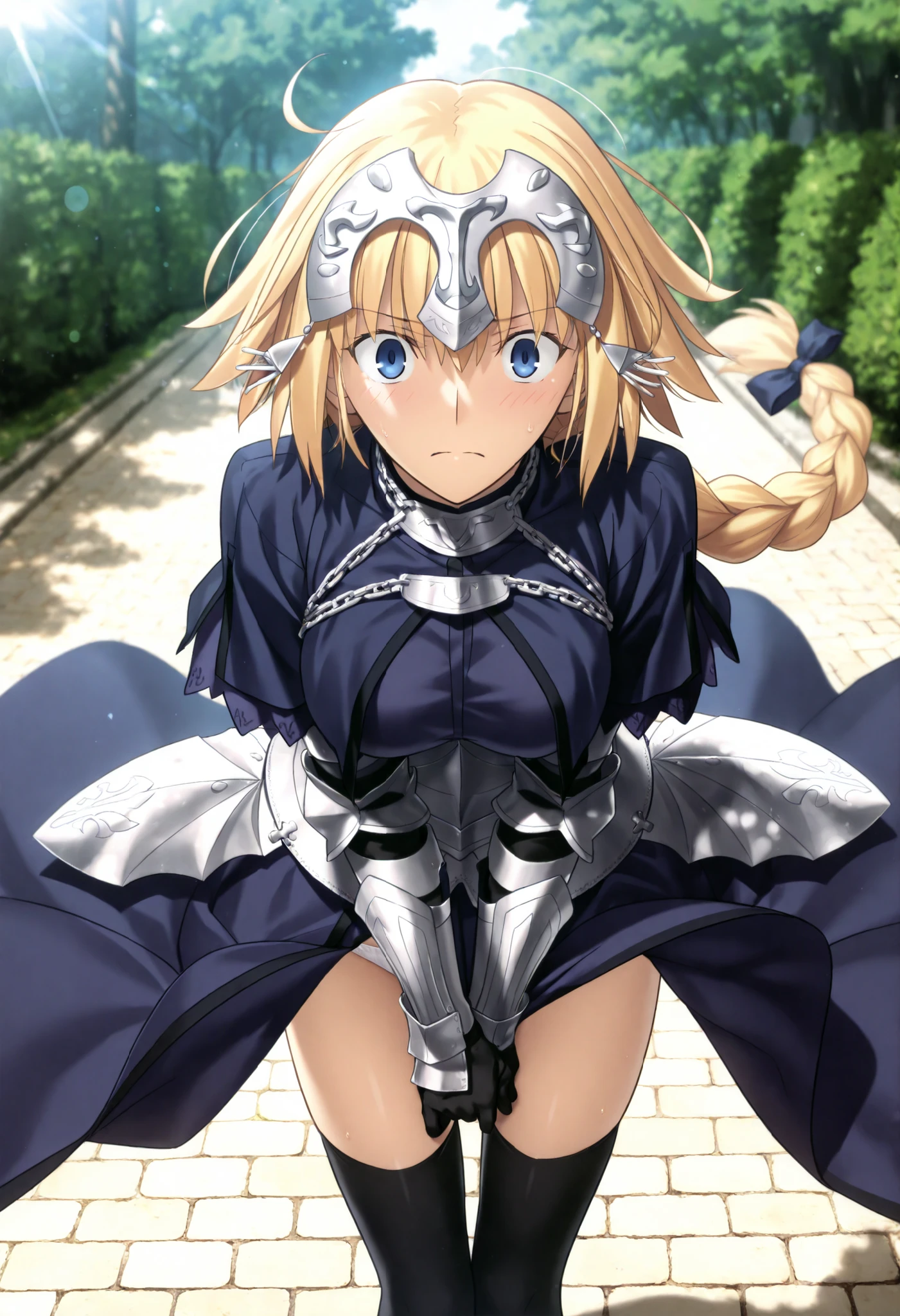 masterpiece, , absurdres, highres, detailed background, high resolution, masterpiece, necessary, detail, best quality, quality, necessary, details, High details, Precise, dark, outdoors, dappled sunlight, day, lens flare, blurry background, from above, solo,                                            
                                                                                                                                                                                                                         1girl, , Takeuchi Takashi (type-moon,tsukihime) style, takeuchi takashi style, light wind lift, white panties slip, bent over, covering crotch,  
   
girl, slim arms, jeanne d arc, \(fgo\), blue eyes, wide eyed,  jeanne d arc, blonde hair, medium hair, , single braid, ((very big braid, huge braid)), , armor, armored dress, black gloves, black thighhighs, dress, gauntlets, gloves, headpiece, blue dress, , white panties slip, , medium breasts, looking at viewer, panicking, closed mouth,                                                                                                                                                                                                                                                                                                                                                                                                                                                                                                                                                                                    