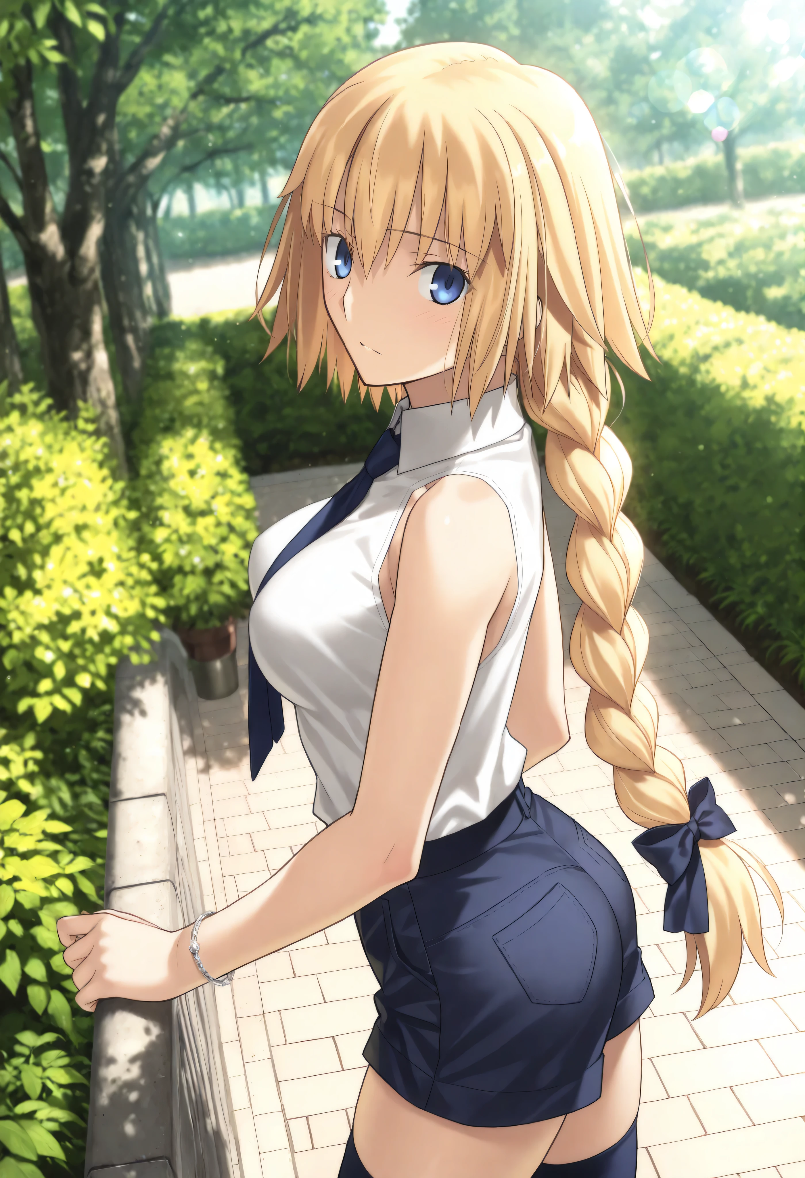masterpiece, , absurdres, highres, detailed background, high resolution, masterpiece, necessary, detail, best quality, quality, necessary, details, High details, Precise, outdoors, dappled sunlight, day, lens flare, blurry background, from above, from side,
1girl, , Takeuchi Takashi (type-moon,tsukihime) style, takeuchi takashi style, blouse tucked in shorts, cowboy shot, bracelet,
girl, slim arms, jeanne d arc, \(fgo\), blue eyes, jeanne d arc, blonde hair, medium hair, single braid, ((very big braid, huge braid)), , sleeveless white blouse with a dark blue necktie ,dark blue shorts, dark blue thighhighs, barely visible at the bottom of the frame , medium breasts, looking at viewer, ,