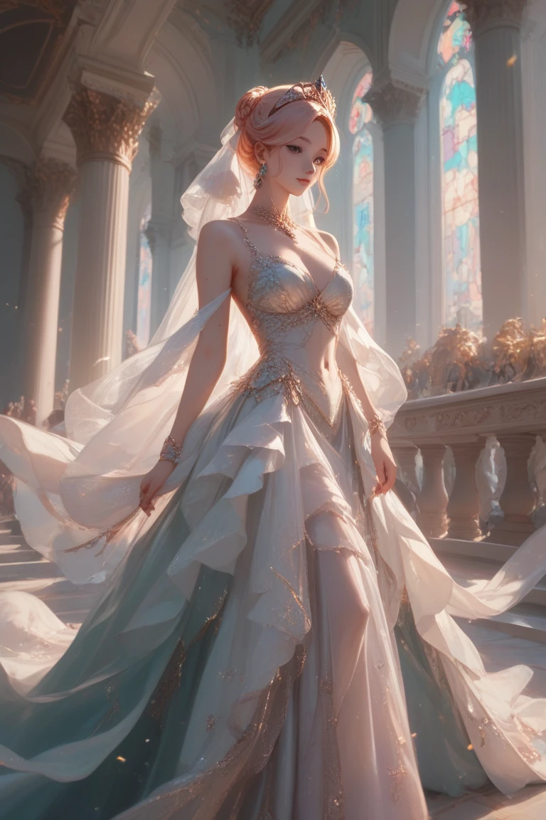 8k resolution, masterpiece, Highest quality, Award-winning works, unrealistic, Final Fantasy, Royal Jewel,Photorealistic paintings by Midjourney and Greg Rutkowski, , elegant, Very detailed, Delicate depiction of hair, Miniature Painting, Digital Painting, Art Station, Concept Art, Smooth, Sharp focus, shape, nature, 千night一night物語, A strip of light pouring down from the sky, A pillar of light stretching into the sky, Complex colors, Buddhist Mandala, Colorful magic circle, flash, Large spiral staircase, Mysterious Background, aura, A gentle gaze, break, Small faint lights and flying fireflies, night, lanthanum, royal palace, Starry Sky, milky way, nebula, shooting star, Flowers, bird, Wind and Moon, Rear view, erotic, Only sexy women, healthy shaped body, Anatomically accurate skeleton, 22 years old, bride, (Climbing the stairs, Rear view, Looking back towards the camera:1.6), Height: 170cm, Large, firm, swaying bust,, Silvery long wavy hair, Detailed facial depiction, break, Mysterious blue eyes, Standard nose, eyeliner, Pink Lips, Sexy long legs, Clear, glowing skin, bride, Sexy long silk wedding dress with gothic ruffles, Extra long cape, A dress with a complex structure, Pure white dress,, royal coat of arms, ,, dynamic sexy pose, A kind smile,
