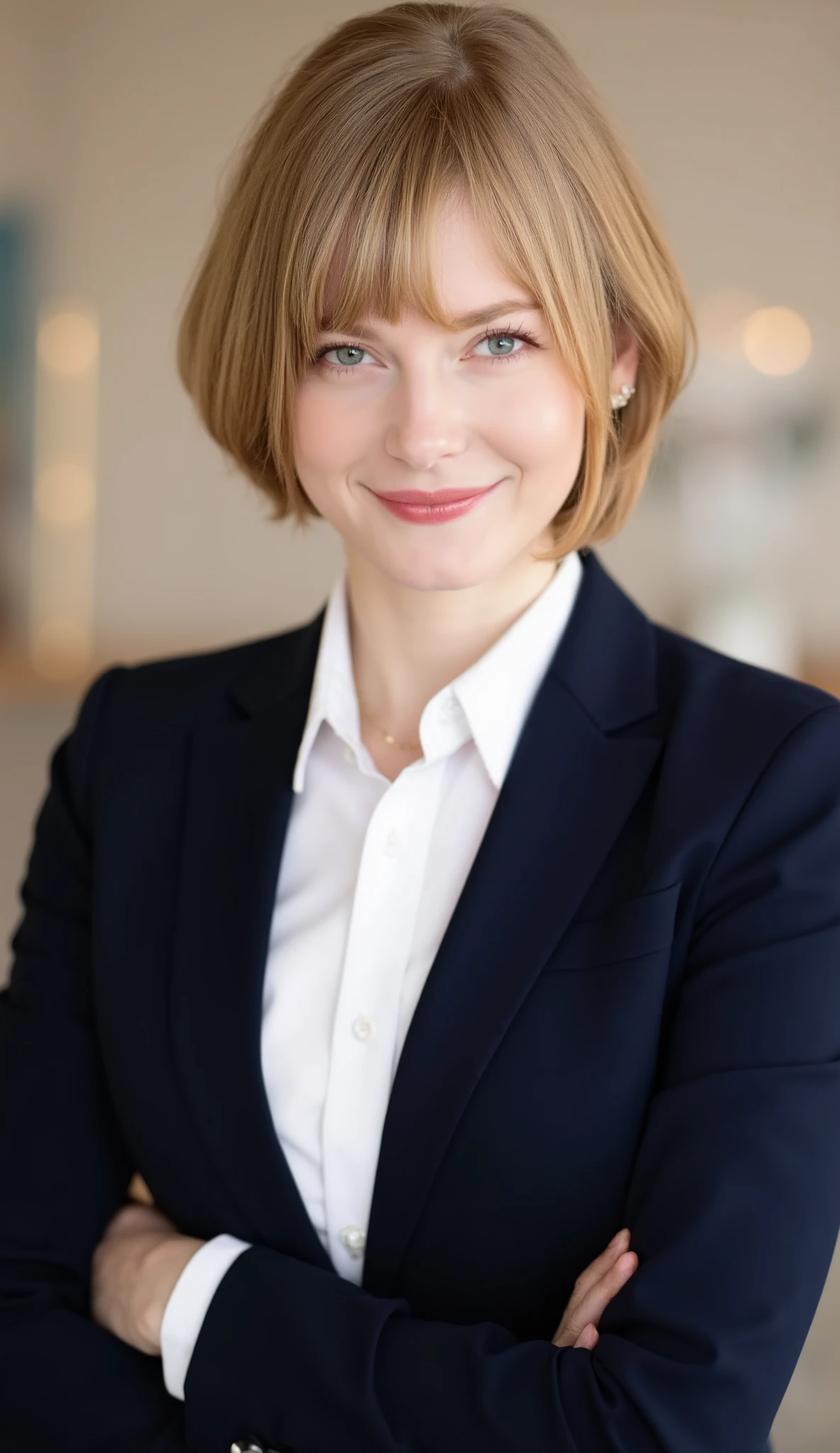Young Woman、and look at the camera、office lady suit、jacket、shirt、necklace、ear piercing、Bob Hairstyle、blond hair、blue eyes、upper body、smile showing teeth、、background is office