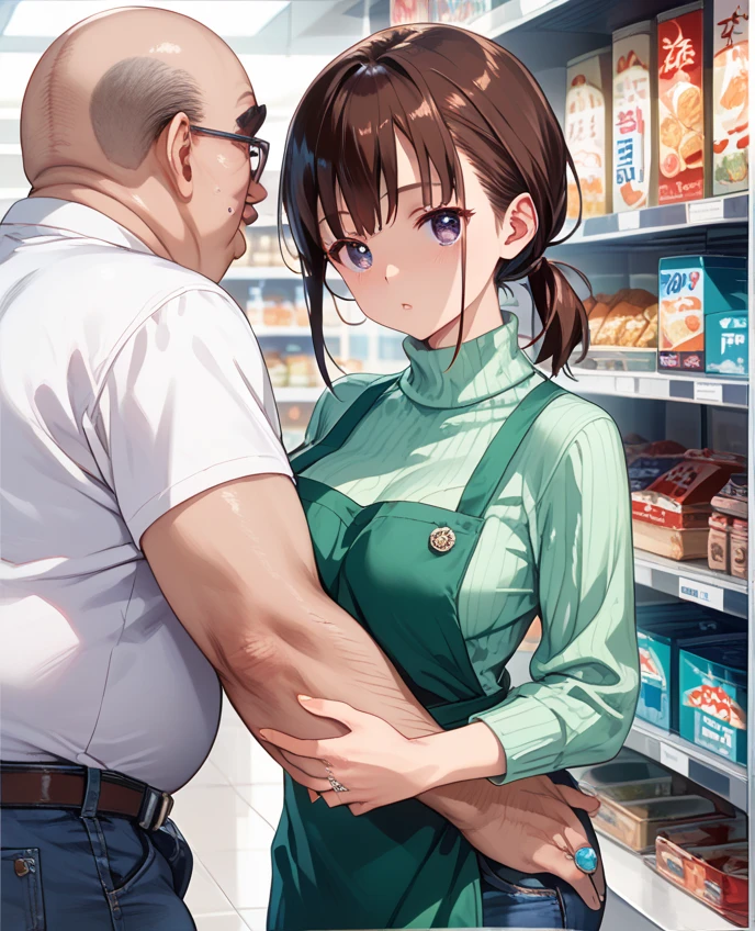 NSFW,​masterpiece,top-quality,konbini,cash register,Fat uncle grabs young woman from behind and has sex,(vaginal,SEX),From Side,1 Male 1 Female,Fat man in convenience store manager,Man with a big belly,Man with big face,Bald uncle,Female convenience store clerk operating a smartphone,infp young woman,Woman with dark hair,Long-haired woman,Convenience store uniforms,Women in tight skirts,Clothes are disheveled,Watery Eyed Woman,Shy look,Red face,Open your mouth a little,trembling with sexual stimulation:1.2,cum shots,cum overflow,Sweating,Steaming