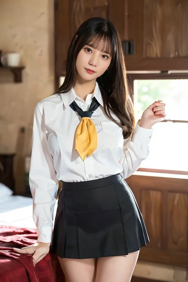 resolution, 1 girl, Watching the audience,Young beautiful Japanese woman, Super cute face, Gorgeous appearance, Large Breasts,Long Bob Hair,smile,(school uniform:1.3),Beautiful Eyes,(indoor:1.3), 混雑した道をsmileで歩く,Glossy lips, Double eyelids on both eyes, Natural Makeup, Long eyelashes, 艶やかで滑らかなライトブラウンのLong Bob Hair, Asymmetrical bangs, Glowing Skin, Center image, 高resolution, High Detail, Detailed hairstyle, Detailed face, Great cinema lighting, Octane Rendering, Vibrant, Surreal, Perfect limbs, Perfect Anatomy, Spreading hair、Slender beauty:1.4、((Saggy breasts:1.4))、Chest exposed、Slim Abs、Curved Waist、(smile:1.2) 、(Pleated mini skirt、Lift up the hem of your skirt:1.2))、Slender and long beautiful legs、Open your feet wide、(Sheer black stockings:1.2)、(Lace panties:1.2、Beautiful pussy exposed、Open up、pussy creampie、pubic hair:1.1)、(From below:1.2)、Backlight、