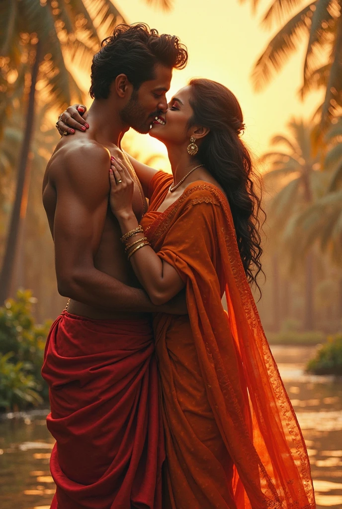 A dusky hot girl wearing saree with low hip in road and a man holds her navel with his hand